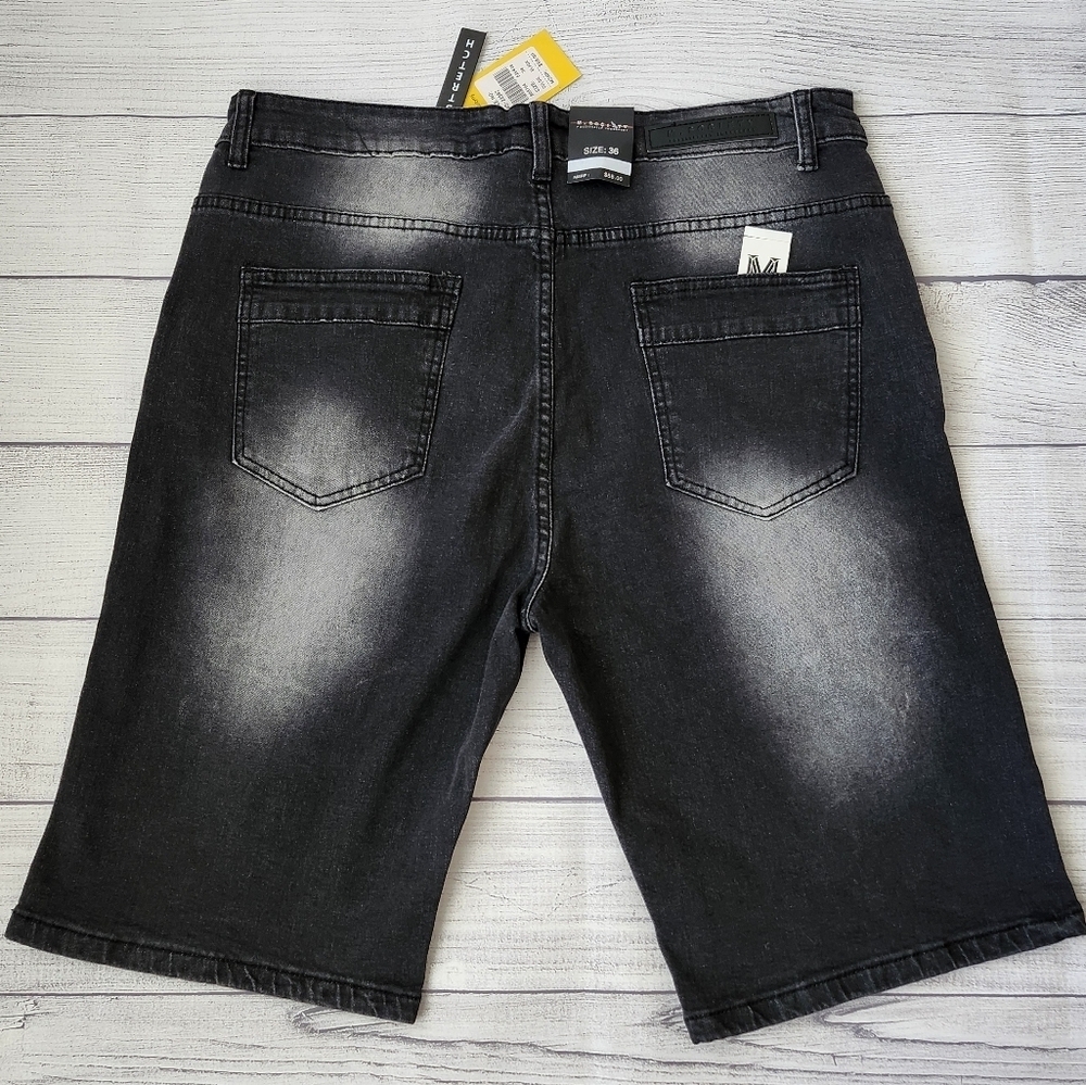 Men's Distressed Skinny Fit Black Denim Shorts With Stretch - Picture 10 of 11